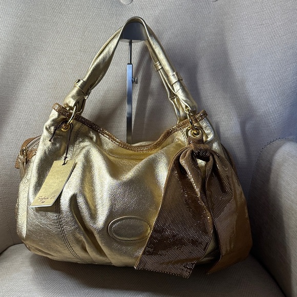 Sofia C. Handbags - Sofia C. Luxurious Gold Shoulder Leather Bag with Leather Bag Charm